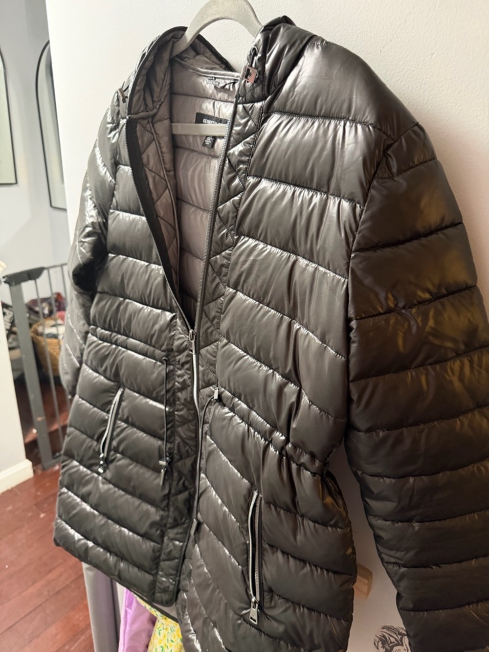 Kenneth Cole New York Shiny Quilted Hooded Puffer Jacket - black